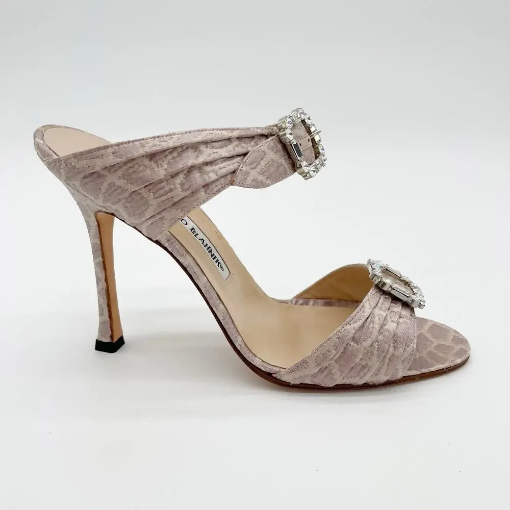 Manolo Blahnik Pink Snake Jacquard Fabric Crystal Buckle Strap Mule Heels IT 40